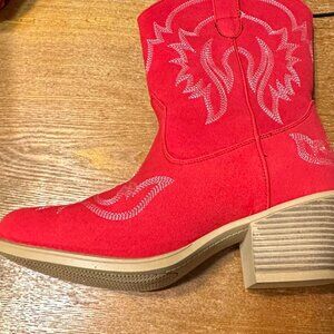 🆕Women Bright Red Faux Leather Ankle Cowgirl Pull On Pointed Toe Short Boots